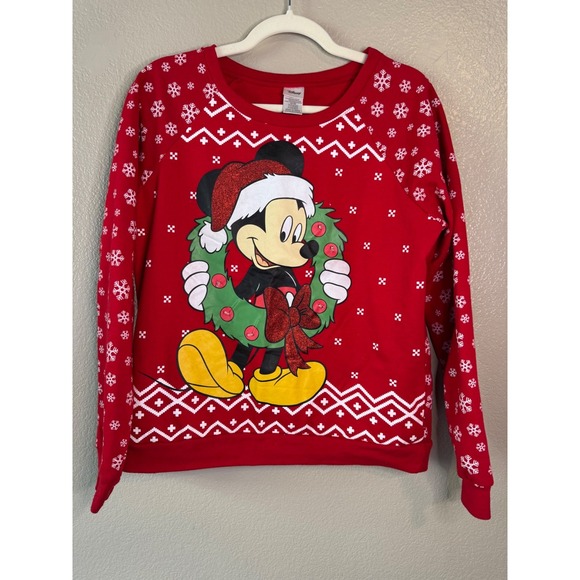 Disney Tops - Disney Mickey Mouse Light Up Christmas Sweatshirt Red Holiday Lights Medium